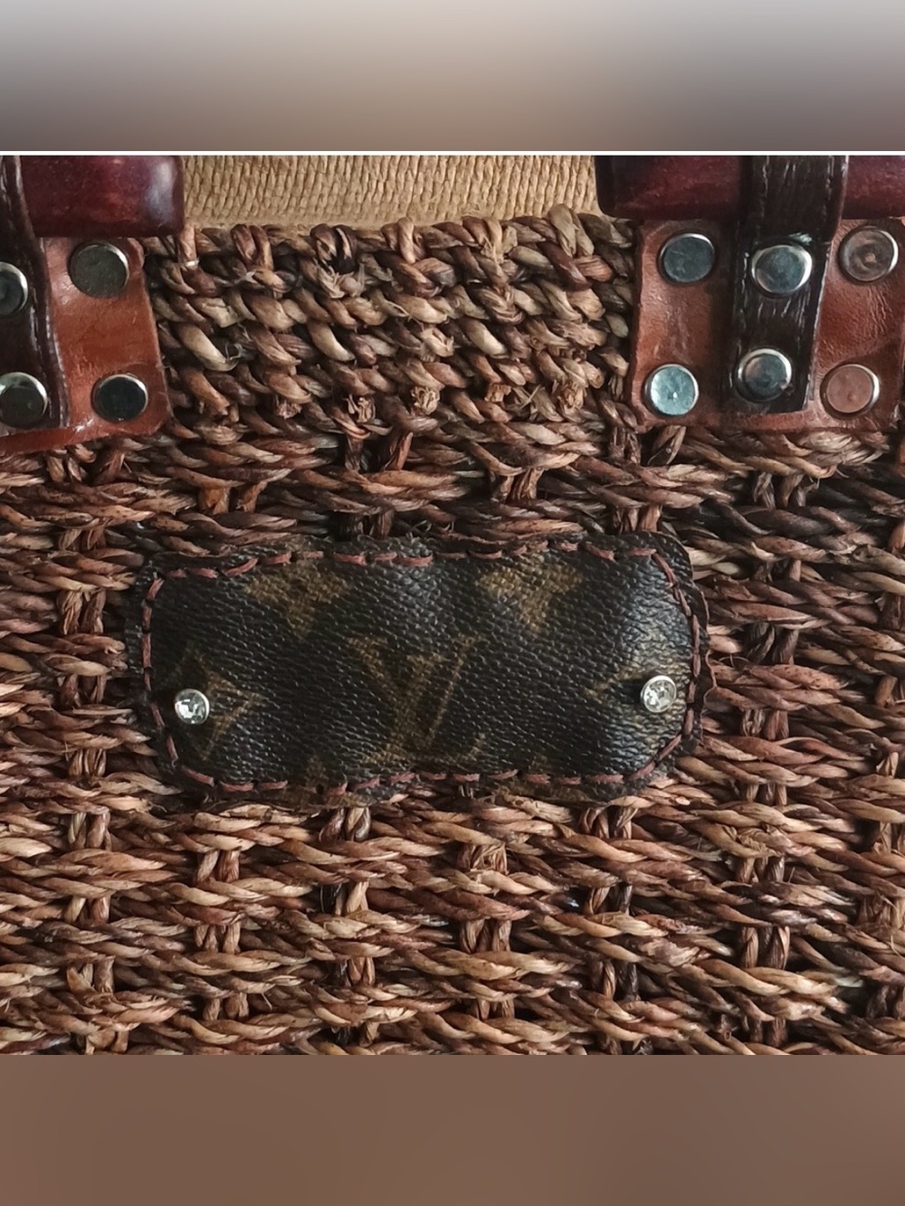 Woven Straw Basket Handbag with Repurposed LV Patch & Wood Handles - Picture 2 of 5